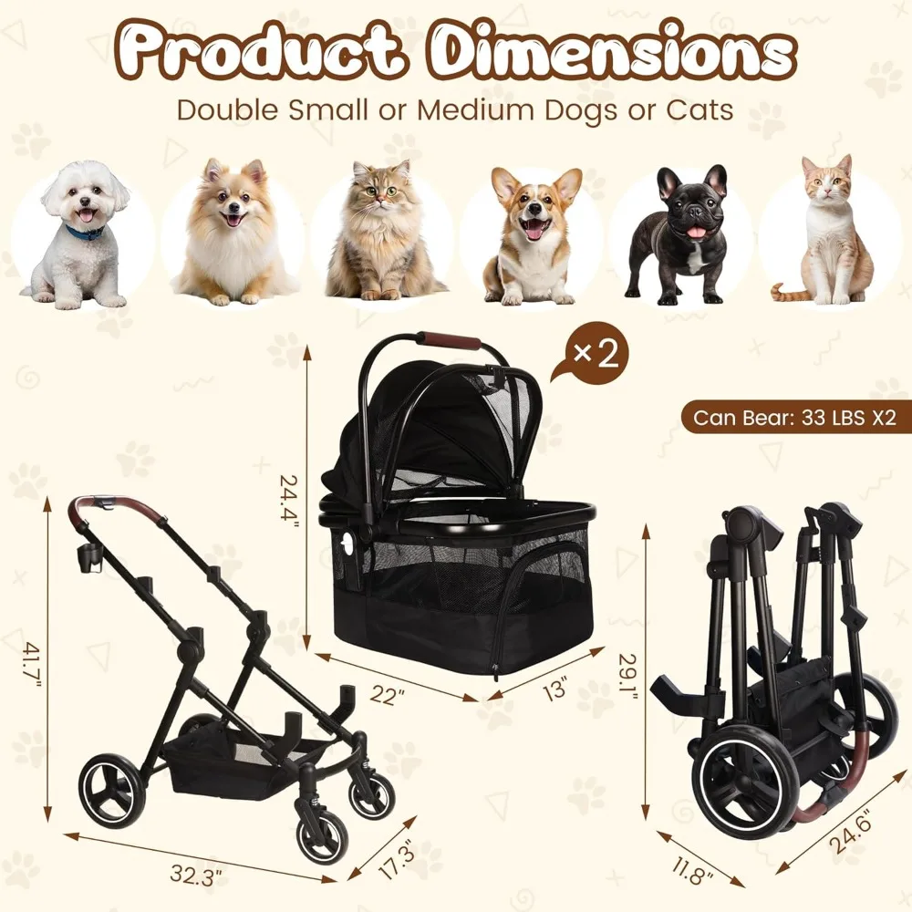 

Foldable Double Pet Stroller for 2 Small Medium Cats Dogs, Lightweight with Detachable Carriers