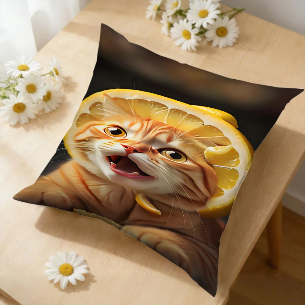 1pc Funny Orange Cat Lemon Slice Cushion Cover Yellow Cartoon Print Pillowcase For Sofa Bed Living Room Decorative Throw Case So