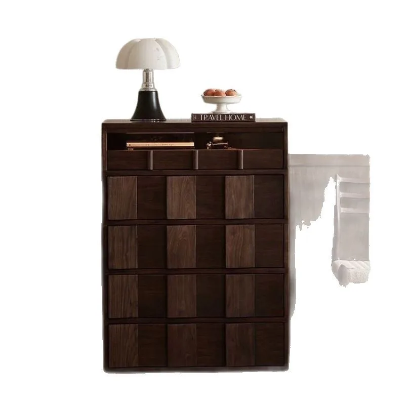 

Nordic solid wood black walnut color chest of drawers ins geometric module retro storage cabinet storage side cabinet