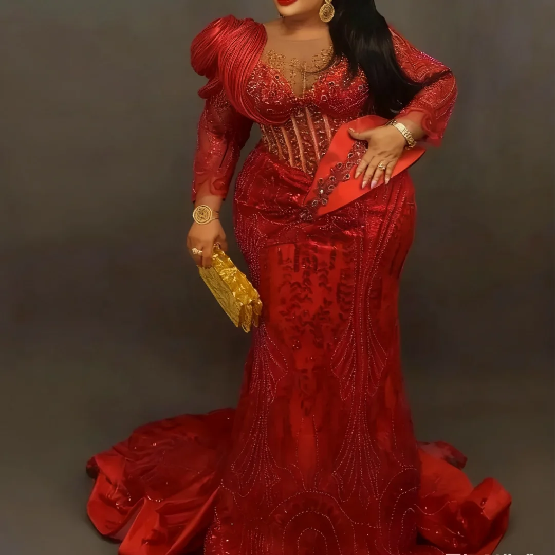 

Black Girls Crystals Beaded Aso Ebi African Wedding Reception Party Gowns Red Long Sleeves Mermaid Evening Dresses Customized