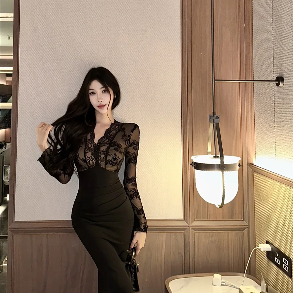 Sexy Bla Lace Splice Long Sve Dr Gonna aderente a vita alta autunno inverno da donna Dr Long Dr Lace Splice Bodycon