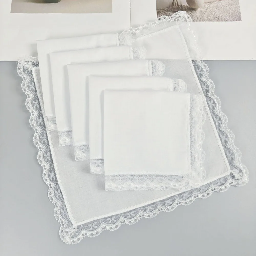 6Pcs Elegant Pure White Lace Handkerchief Small Size Handmade Wedding Handkerchief DIY Thin Small Square Towel