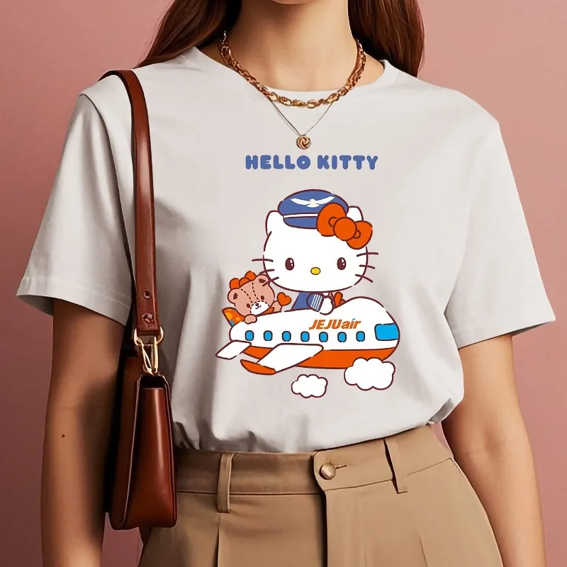 Hello Kitty Cartoon Gedrukt Dames T-shirt Mode Y2K Katoen Ronde Hals T-shirt Casual Losse Multi Functionele Korte Mouw Top