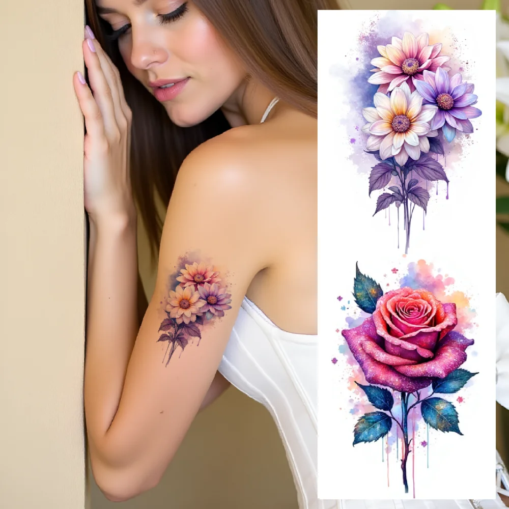 9pcs Temporary Tattoo  waterproof long-lasting body stickers Pink Flower Rose Bouquet Floral Tattoo for shoulders girls cheeks
