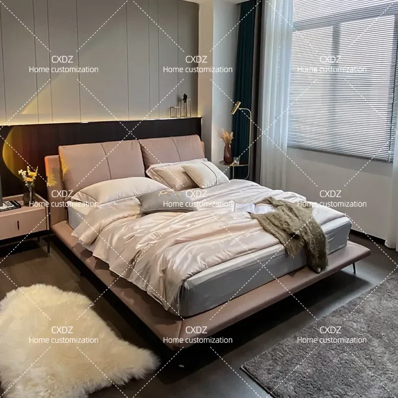 Italian Minimalist Leather Bed Modern Nordic Light Luxury 1.8m Double Bed Soft Upholstered Master Bedroom Furniture for