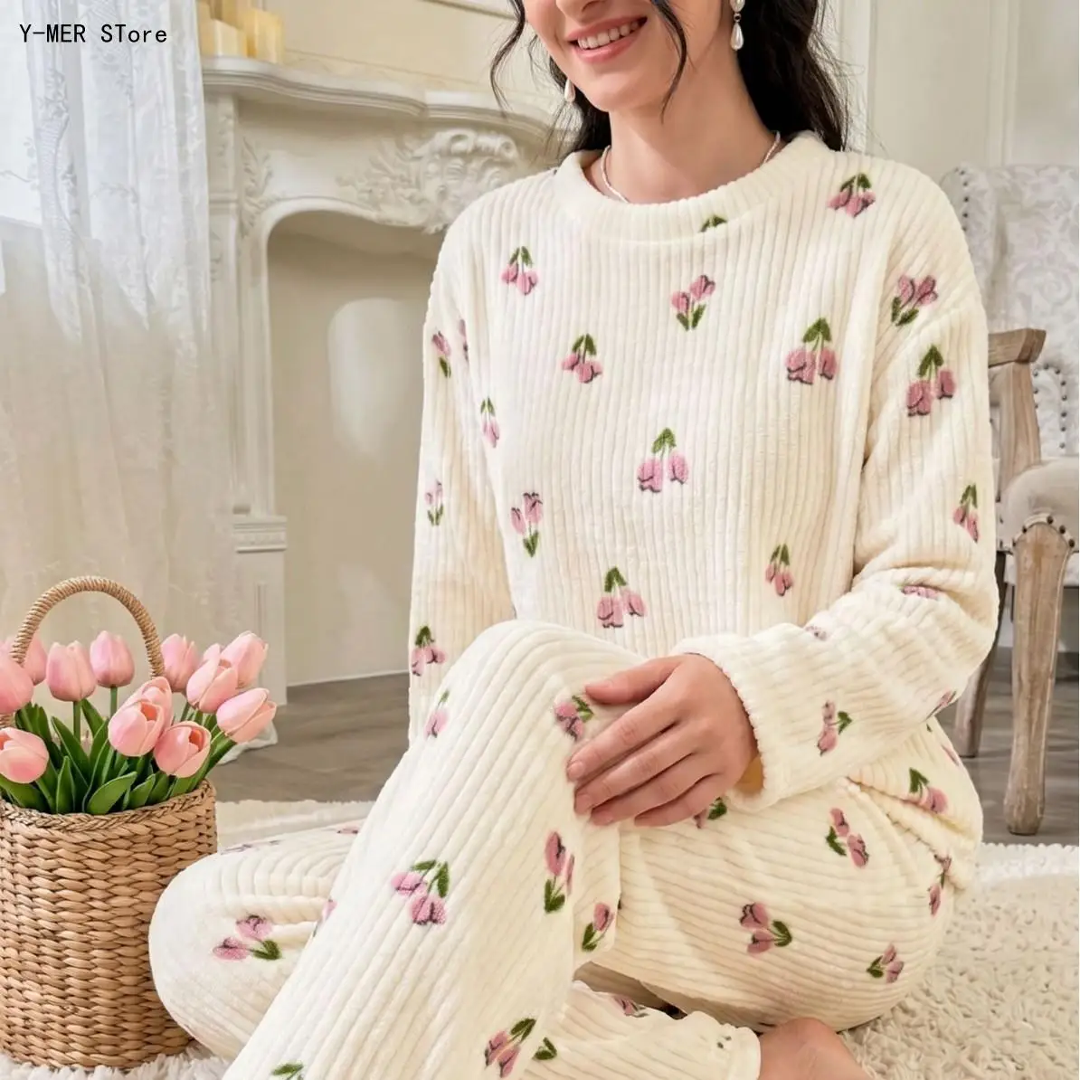 2026 European American Women Crew Neck Pajama Set Autumn Winter Casual Loungewear Long Sleeve Sleepwear Suit Soft Home Outfit