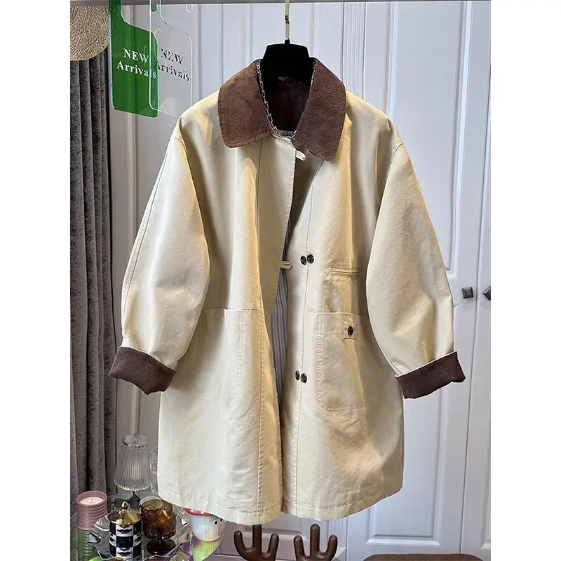 Women Trench Mid Length Coats Jackets Turn Down Collar Coat Thick Warm Y2k Streetwear Jacket Work Outerwear Autumn Winter