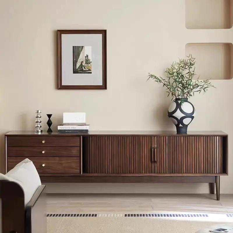 TV  Nordic living room black walnut solid wood light  combination  table simple modern home retro small apartment