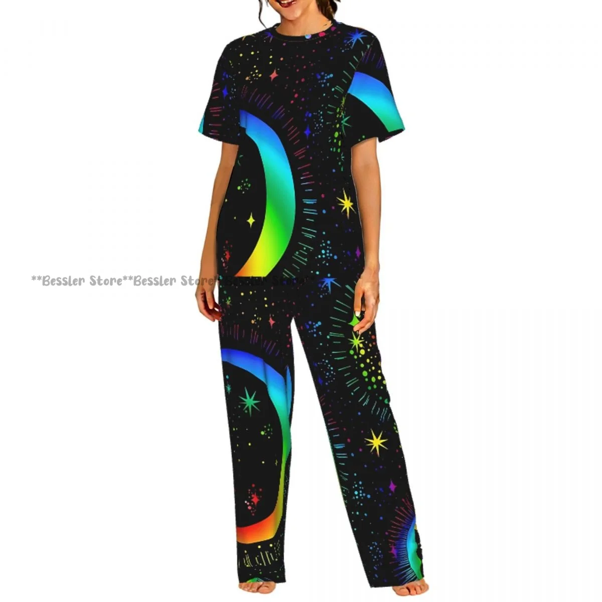 

Женский пижамный комплект с радужным принтом лун и звезд, с коротким рукавом, 2 предмета, для дома и отдыха