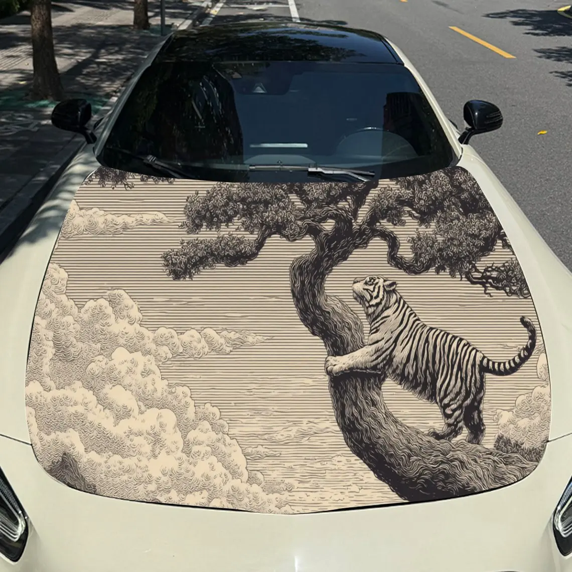 Retro Tiger Tree Car Hood Sticker PVC Self Waterproof Stick, Striking Auto Exterior Accessories Decor Protect Gift for Car Lover