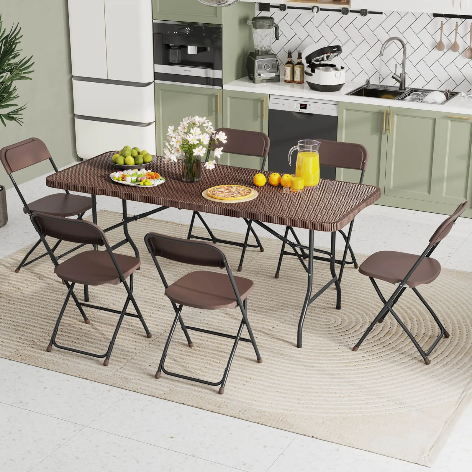 

350 LBS Fold-in-Half Table w/ Rattan-Like HDPE Tabletop Safe Lock Mechanism
