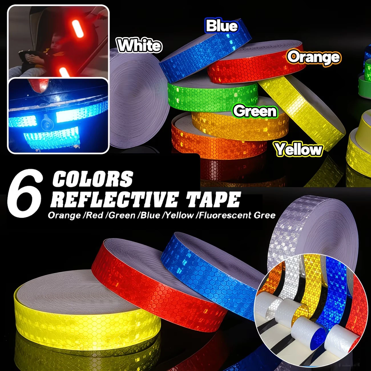 2.5cm Solid Color Reflective Tape - High Visibility Durable Self-Adhesive Reflective Decorative Tape for Cars Motorcycle Trucks