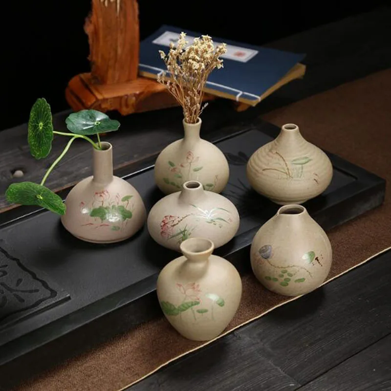 Coarse Poterry Lotus Pattern Vase Chinese Style Chan Hydroponics Jardiniere Desktop Flower Arranger Ornament Dining Table Vase