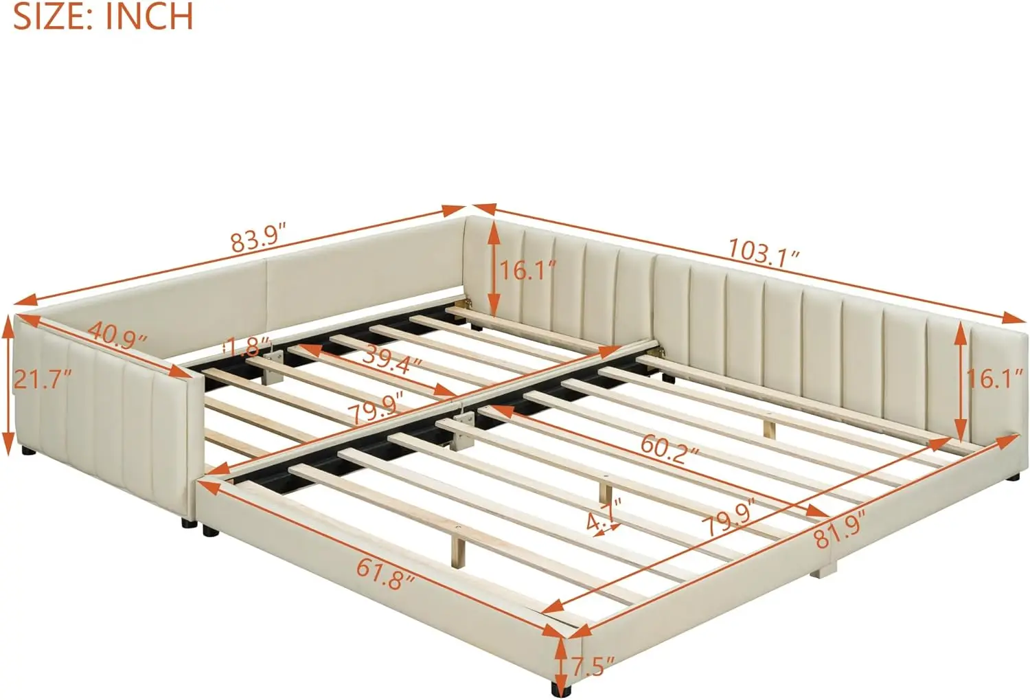 Merax Upholstered Platform Bed, Queen Size & Twin Xl Size Mother & Child Bed For Bedroom, Pu Leather, Wood Slat Support, No Box