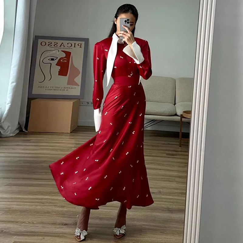 

Elegant Lapel Midi Dress Women Long Sleeved Temperament Print Design Long Vestidos 2025 Spring New Female Evening Dresses