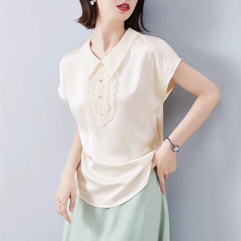 Summer 2023 New Korean Fashion Elegant Chic Beads Lace Patchwork Blouse Top Women Casual Solid Short Sleeve Sweet Chiffon Shirts