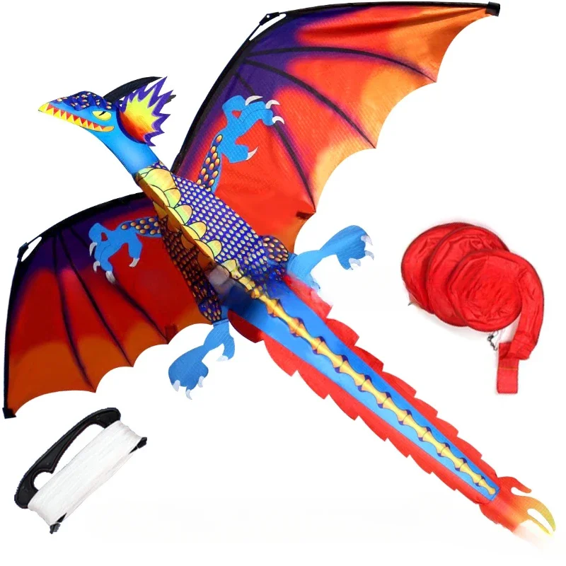 3D Single Line Dragon Kite com alça, brinquedos esportivos ao ar livre para crianças, flâmulas de cauda de 100m, fácil de voar para iniciantes, crianças e adultos
