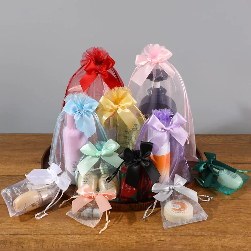 50pcs/lot 13*18cm Exquisite Organza Drawstring Bag Bowknot Christmas Party Wedding Candy Bags Jewelry Gift Packing Pouch