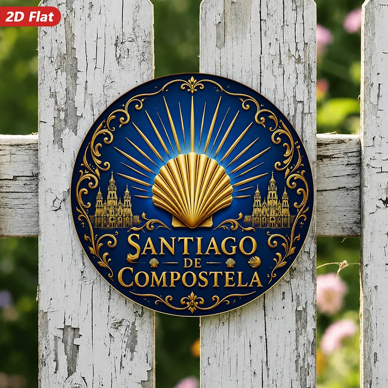 2D Flat, [2D Flat] 2D Flat Print 1pc Round Metal Iron Sign Pilgrimage Shell Wall Art, Ideal for Kitchen Dining Room, Santiago De