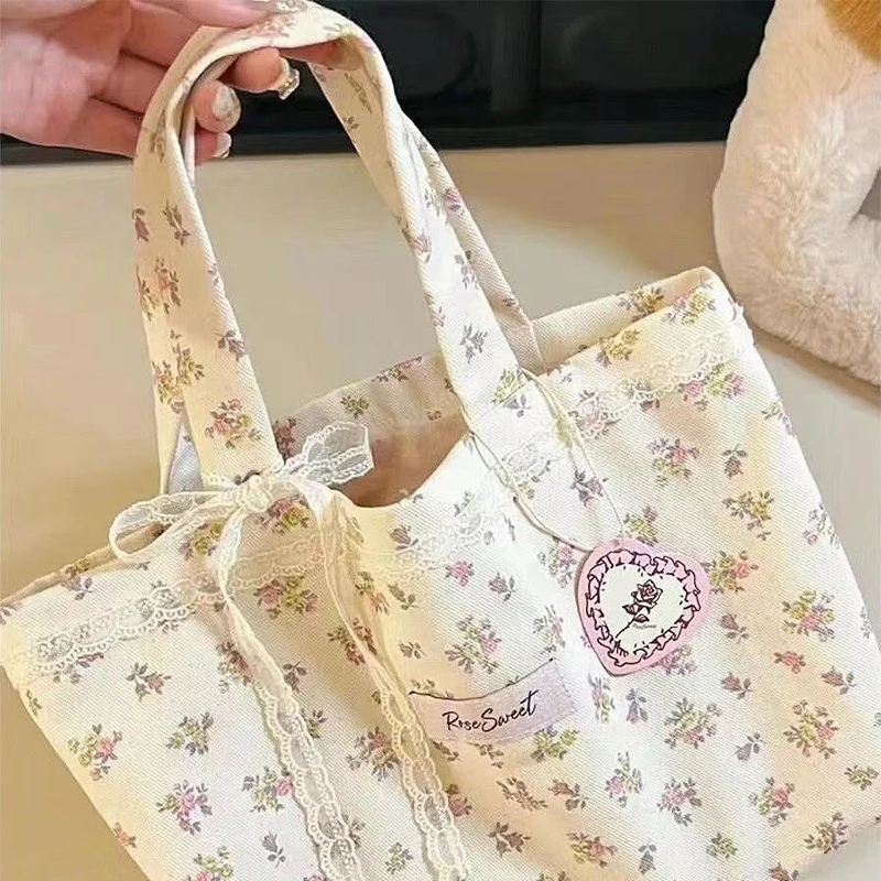 Women Large Capacity Canvas Tote Bag Sweet Yellow Floral Print Lace Forest Bow Wide Shoulder Strap Canvas Bag