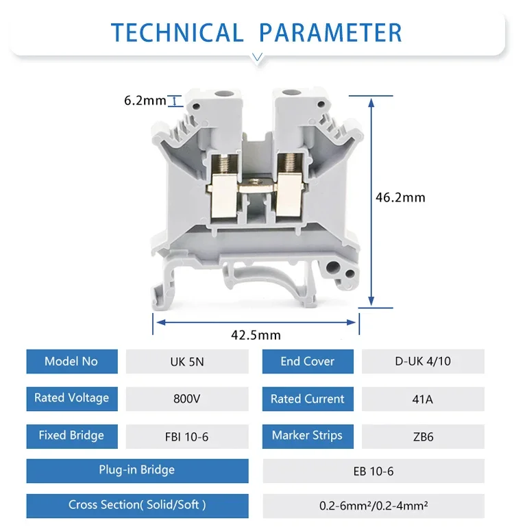 UK-5N Din Rail Terminal Block Universal Connector Screw Connection Electrical Wiring Conductor UK5N Terminal Strips Block 10pcs