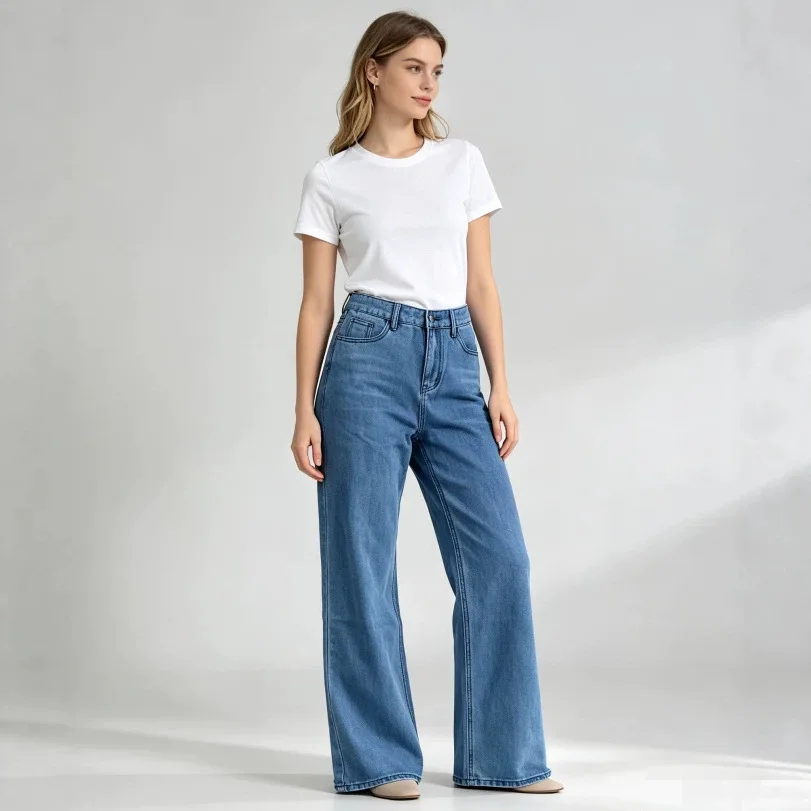 Retro washed distressed straight-leg denim women's loose-fitting slimming versatile high-waisted straight-leg pants