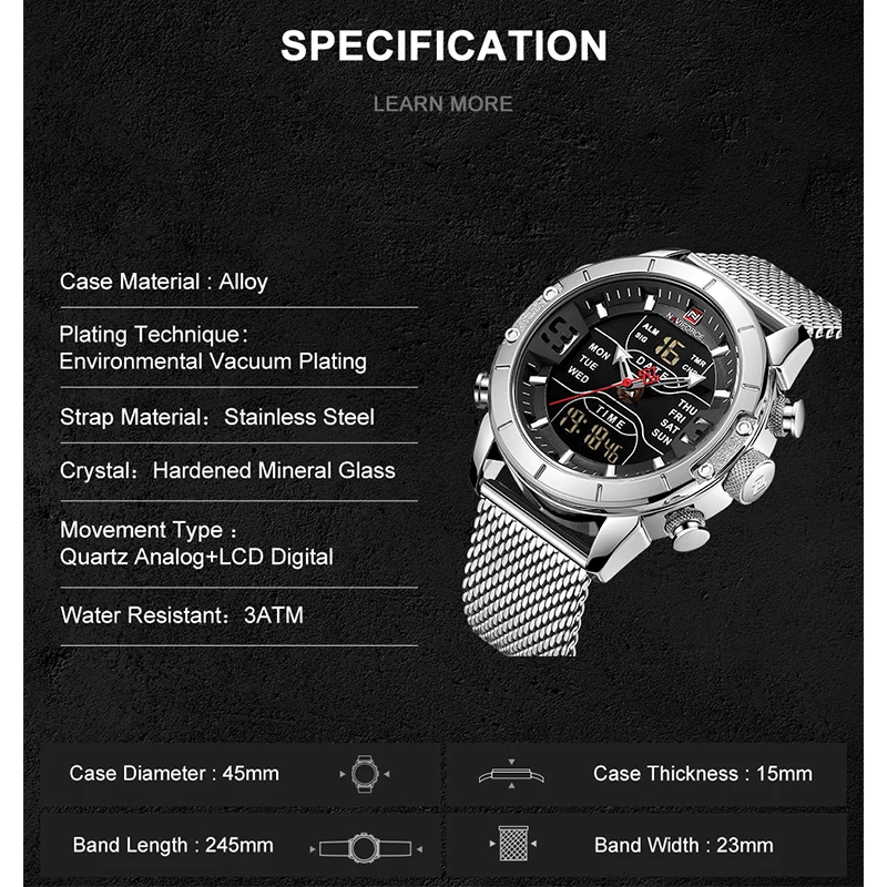 Luxury Brand NAVIFORCE Watches For Men Analog Digital Sports Waterproof Wristwatch Stainless Steel Siliver Original Watches 2022