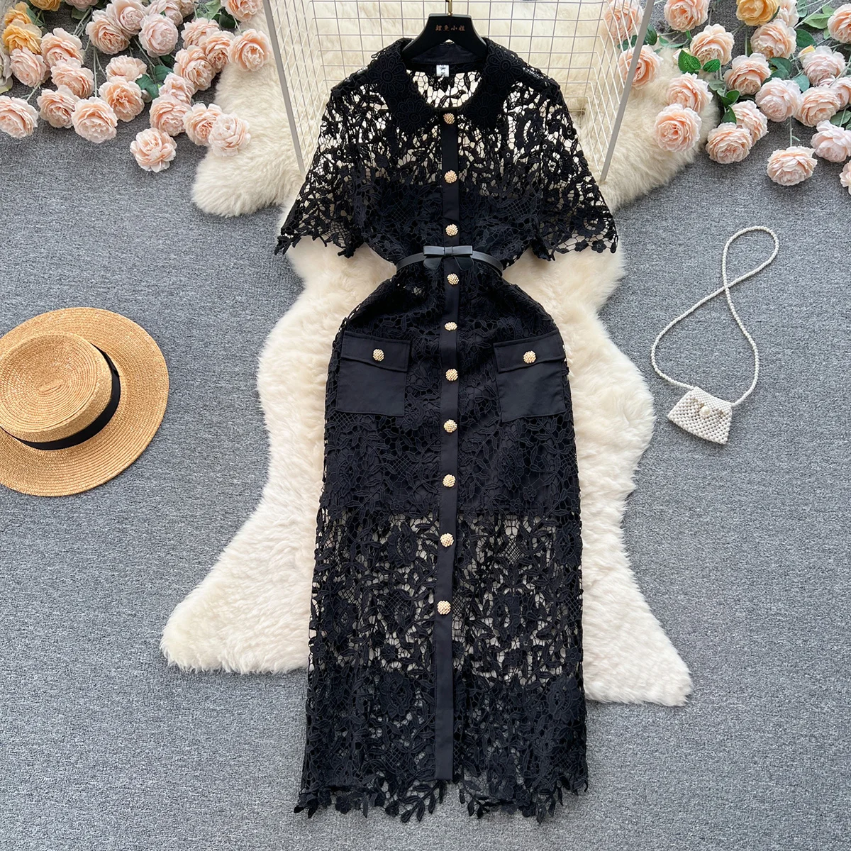 Midi Dresses Women 2023 Contrast Trim Golden Buttoned Luxury Lace Dress Short Sleeve Lapel Wedding Elegant Party Dress With Belt