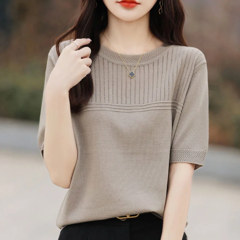 Spring Summer Casual Half-sleeved Award Point-Tel Knit Round Neck Sweaters Women's Clothing KN1648