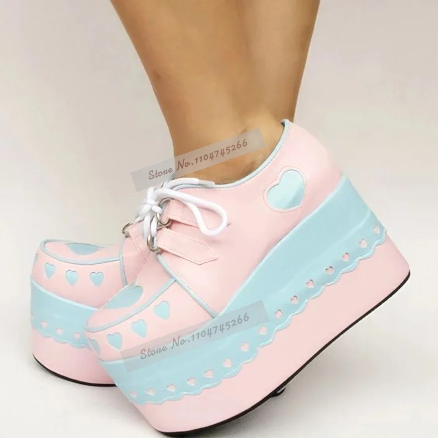 Pink Blue Colorblock Heart Cutout Platform Oxford Shoes Lace Up Scalloped Trim Super Thick Wedge Y2K Cosplay Party Shoes