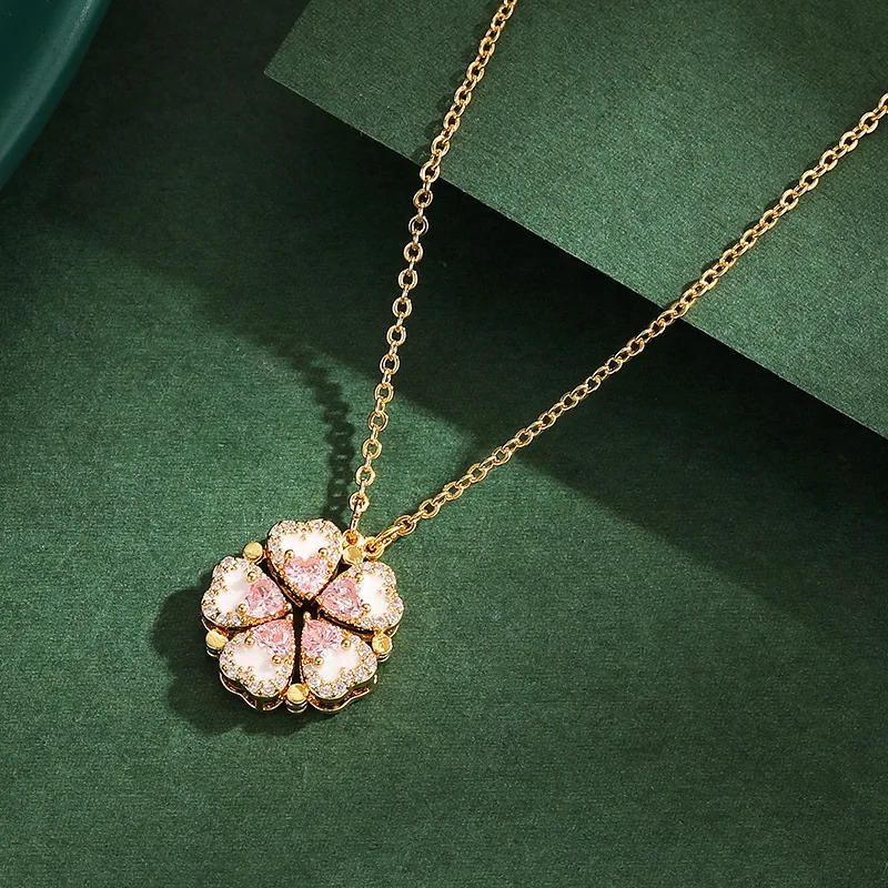 

1Pc Exquisite And Luxurious Pink Petal Necklace,Diamond-encrusted Four-leaf Clover Sweater Chain,Flower-decorated Clavicle Chain