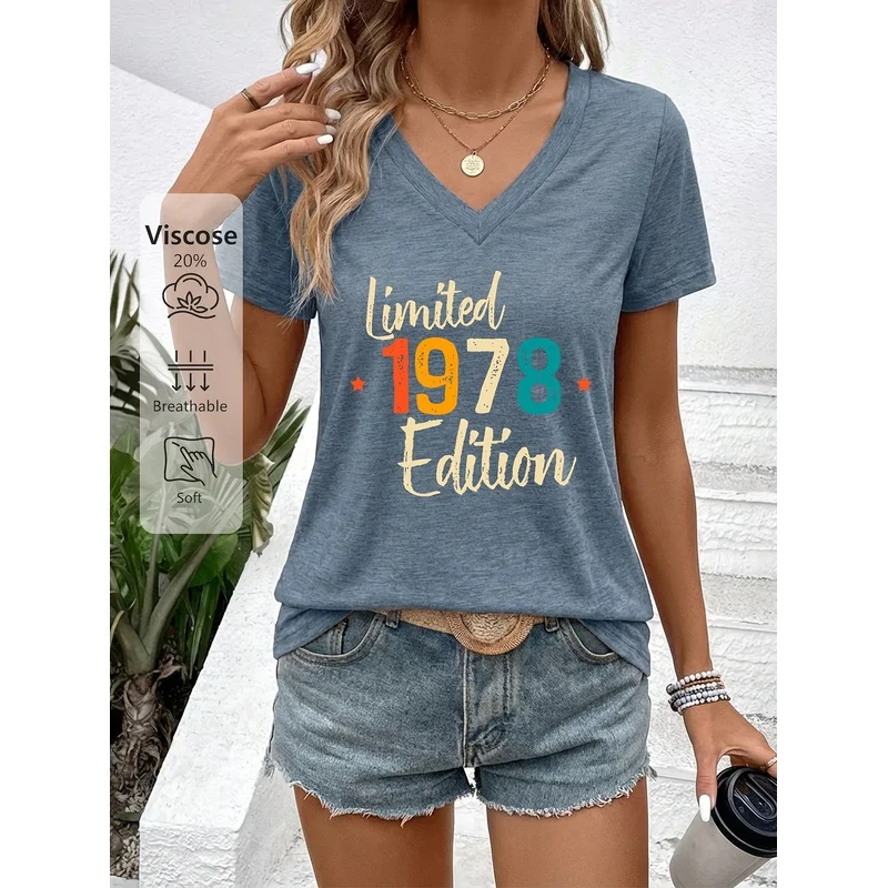 Women'S Summer V-Neck Short Sleeve T-ShirtLimited Edition Contrast Number Print Soft Skin-Friendly Fabric Birthday Commemorative