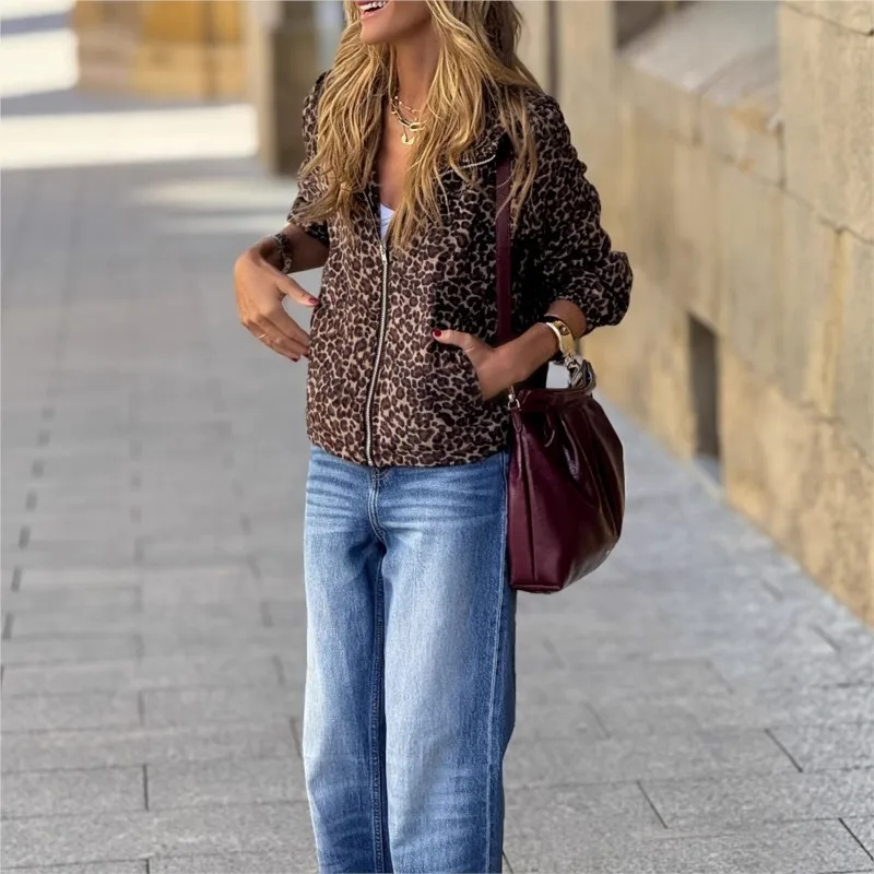 

Elegant Chic Long Sleeve Zipper Pocket Loose Jacket Female Outwear Streetwear Spring Autumn New Women Leopard Print Hooded Coat
