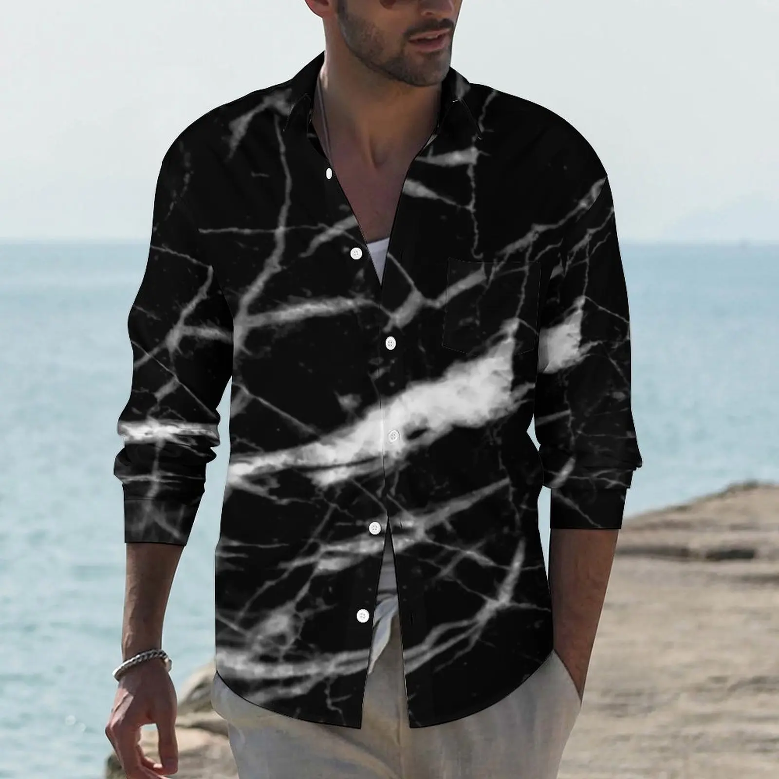 

Marble Crackle Black And White Shirt Autumn Natural Marbles Graphics Casual Shirts Male Retro Blouses Long Sleeve Clothes 4XL