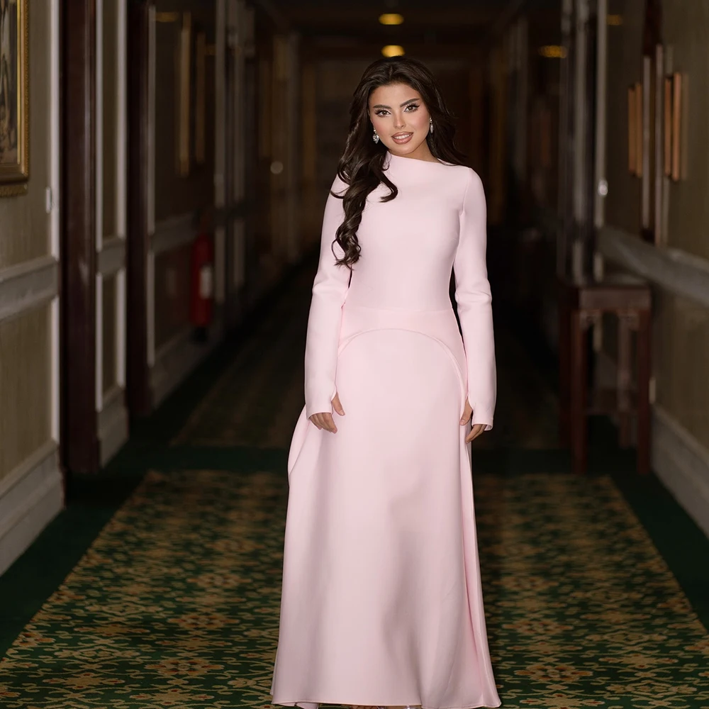 

Customized O-neck Simple Full Sleeves Jersey Women's Evening Dress Watteau Train Mermaid Party Dress Floor Length Prom Gown