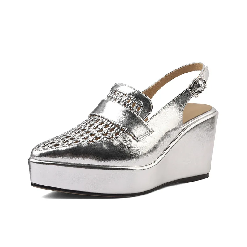 Summer vacation style silver cowhide hollow wedge sandals square head thick sole one-button sandals muffin bottom beach shoes