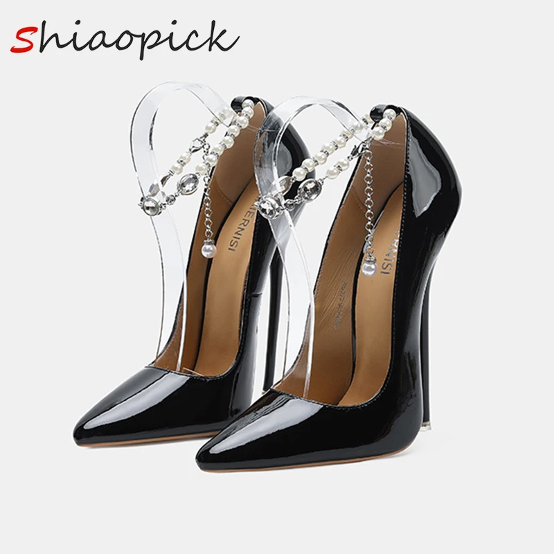 

Цвет на заказ, новые туфли-лодочки на очень высоком каблуке 16 см, модный дизайн, туфли-лодочки на шпильке с блестящим жемчугом и ремешком на щиколотке, мужское платье с крестом