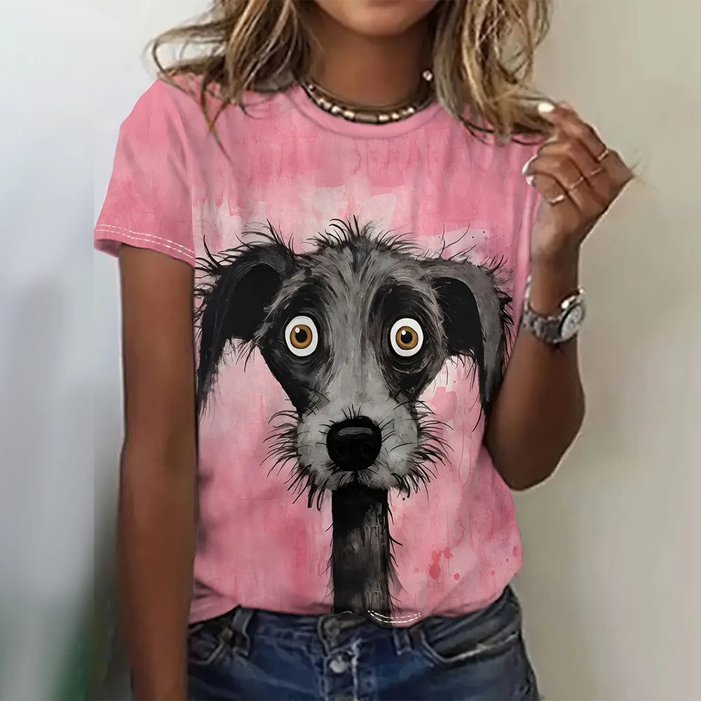 Kawaii جرو ثلاثية الأبعاد مطبوعة المرأة تي شيرت موضة الشارع الشهير طاقم الرقبة بلايز فضفاضة عادية تيز الشارع الشهير Harajuku تيز البلوفرات