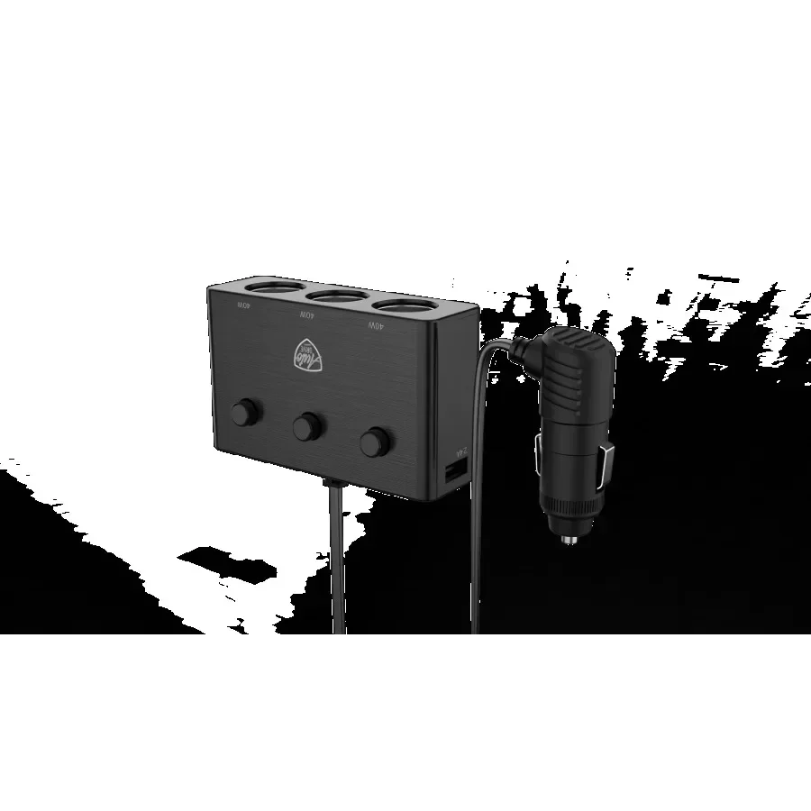 

Black 12V/24V Triple Socket Adapter with Dual USB Charging Ports, Compatible with Mobile,Controlled by independent switches.