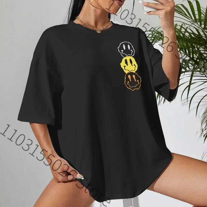 Camiseta de gran tamaño con estampado de cara sonriente para mujer, camiseta informal de calle que combina con todo, ropa suave de moda, camiseta transpirable de Hip Hop para mujer