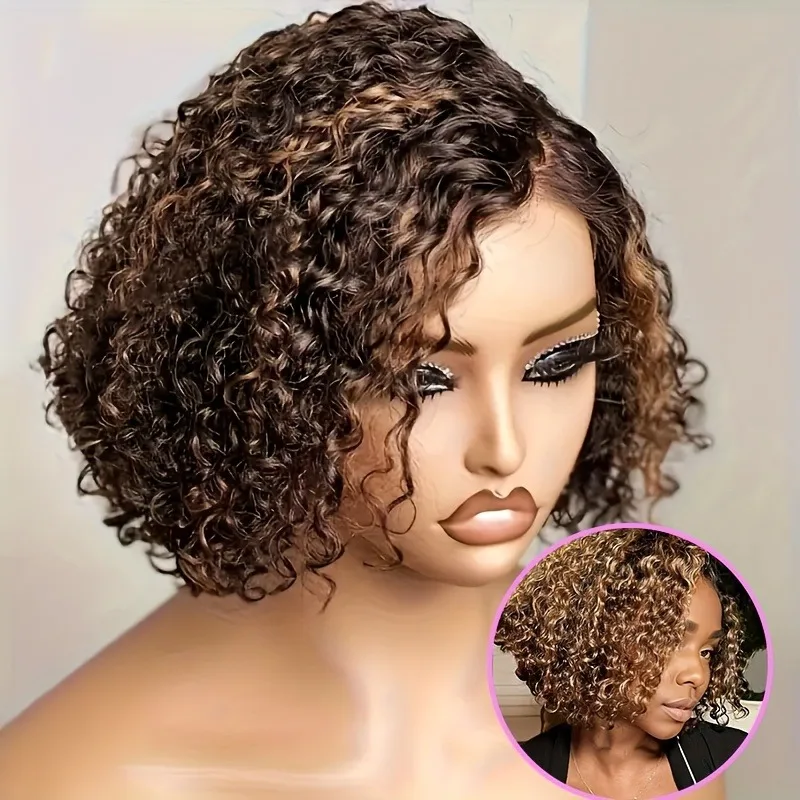 تسليط الضوء على ارتداء الأشقر والذهاب شعر مستعار بوب مجعد بدون صمغ شعر بشري تم قطعه مسبقًا، 4/27 موجة مائية بدون شعر مستعار غراء #1