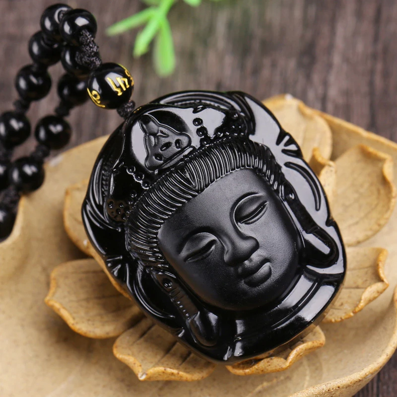 Natural Stone Black Obsidian Carved Buddha Shakyamuni  Amulet Lucky Pendant  Jewelry Chinese Handmade Gift