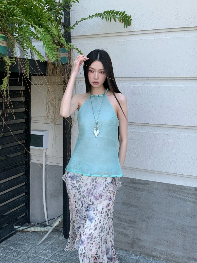 

Minteen Summer Casual Neck Hanging Beaded Lightweight Sleeveless Top round Neck Loose Fit Hanfu Women's Clothing