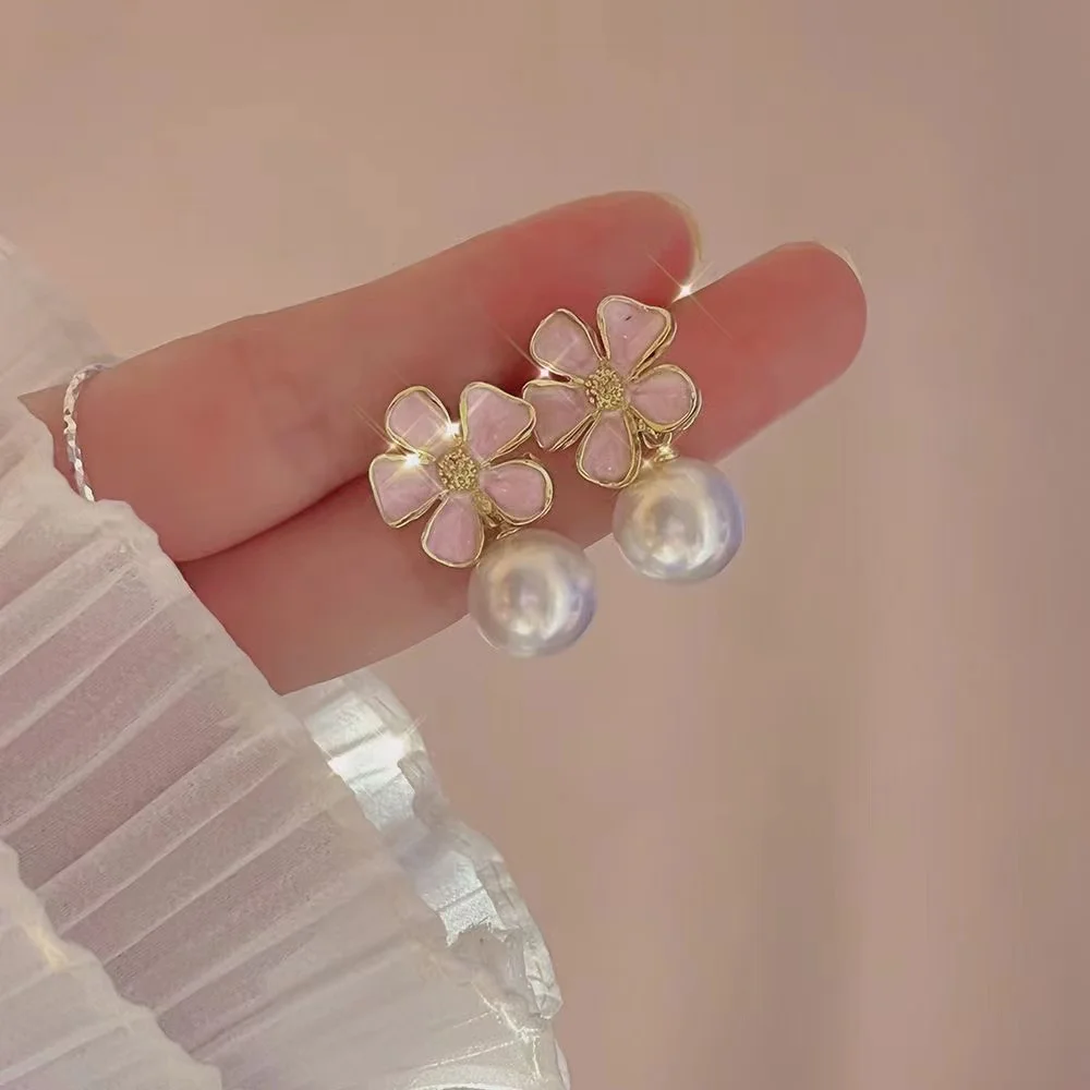 

Sweet Pink Enamel Flower Drop Earrings For Women Korean Elegant Imitation Pearl Flowers Dangle Earring Party Christmas Gift