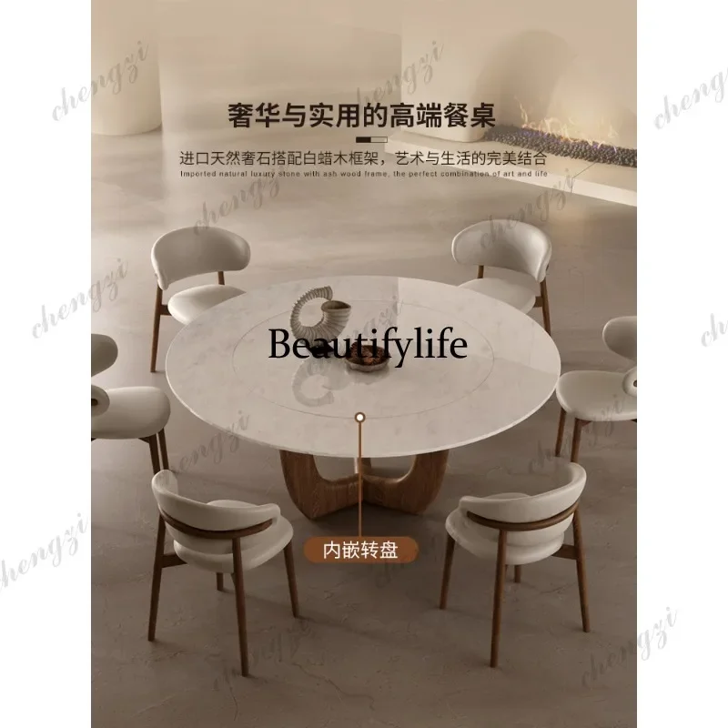 J132 Italian minimalist imported pure natural luxury stone dining table walnut marble round table with turntable
