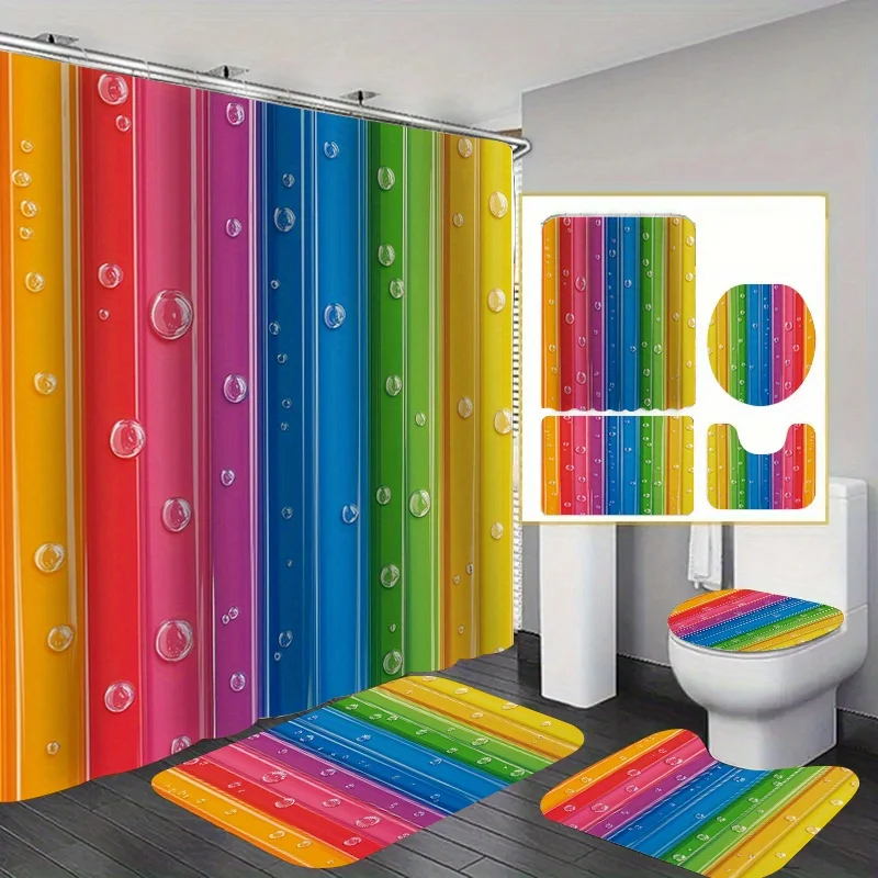 

4pcs Christmas Colorful Line Printed Shower Curtain Set, Decorative Bathroom Set Includes Printed Shower Curtain, Non-Slip