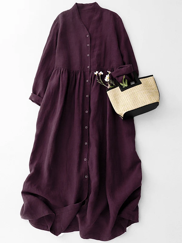 

Women's Cotton Linen V-Ne Dr Design Sensation Single Row Button Two-Way Wear Long Sve Dres Casual A-Line Skirt
