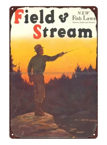 Field and Stream 1933 sunset forest fishing fisherman metal tin sign nostalgic