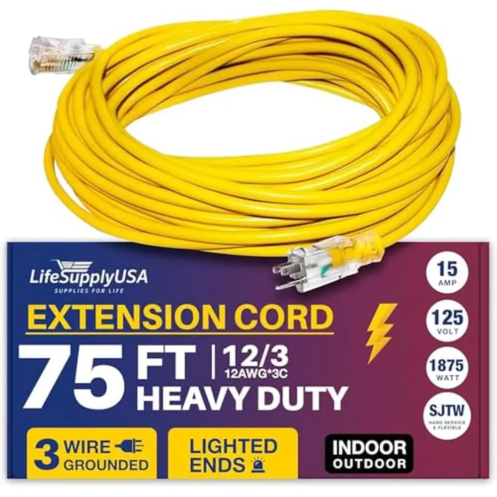 75ft Heavy Duty Outdoor Extension Cord Waterproof Electric Cable 3 Prong SJTW 12 Gauge 15 AMP 125V 1875W Resilient Construction