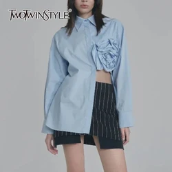 TWOTWINSTYLE Solid Patchwork Appliques Irregular Shirts For Women Lapel Long Sleeve Spliced Button Designer Blouse Female New